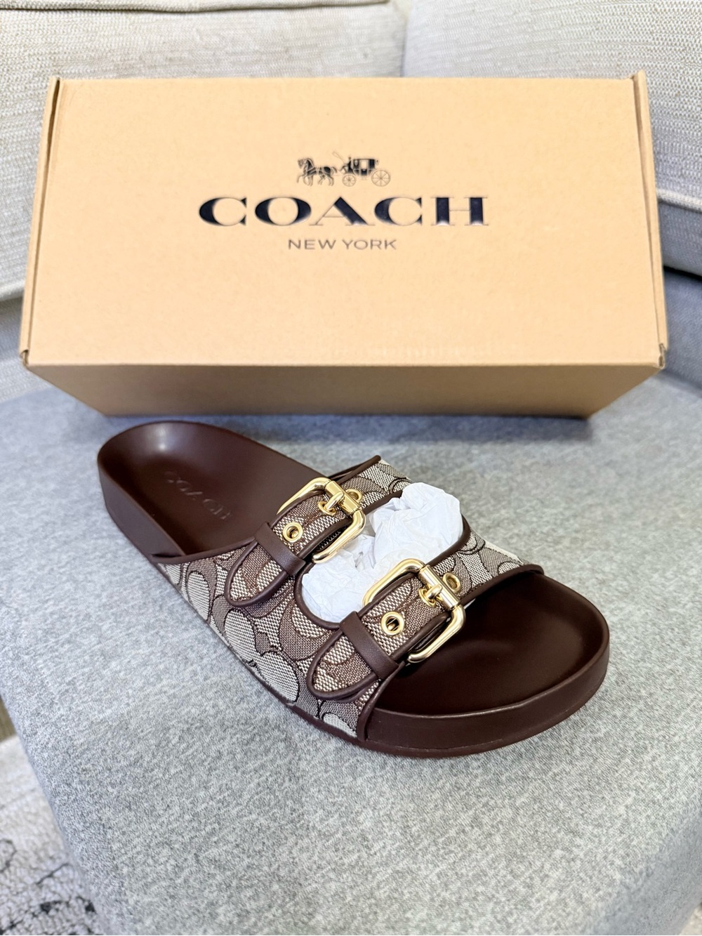 Coach Two Band Buckle Sandal In Signature Jacquard Oak/Maple